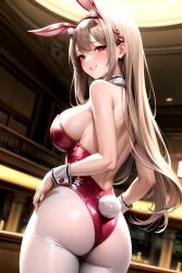 ai_generated alternate_costume ass ass_focus bare_shoulders blush breasts brown_hair cameltoe come_hither female from_behind from_below goddess_of_victory:_nikke large_breasts leotard long_hair looking_at_viewer naughty_face pantyhose playboy_bunny rabbit_ears rabbit_tail red_eyes shiny shiny_clothes shiny_hair shiny_skin sideboob smile solo tail very_long_hair viper_(nikke) viper_(toxic_rabbit)_(nikke)