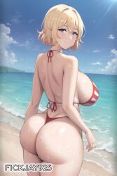 1girls ai_generated american_flag american_flag_bikini ass ass_focus beach bikini blonde_hair blue_eyes curvy female fickjay925 huge_ass huge_breasts kanojo_okarishimasu large_breasts looking_at_viewer nanami_mami skindentation smiling voluptuous wide_hips