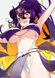 arms_up belly_dancer belly_dancer_outfit bombergirl cowboy_shot crotch embarrassed huge_breasts low-angle_view nose_blush prune_(bombergirl) slender_waist thighs underboob wavy_mouth