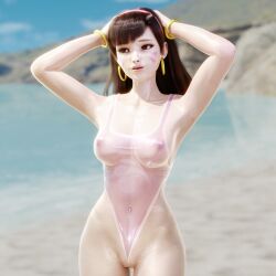 1girls 3d asian beach blender blizzard_entertainment breasts brown_hair cute d.va dat_pussy dom3d female fringe high_cut_swimsuit korean overwatch pale-skinned_female petite posing pussy see-through see-through_clothing swimsuit swimwear