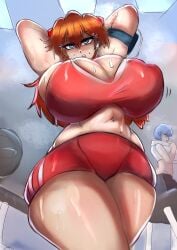 2girls asuka_langley_sohryu big_breasts big_thighs blue_hair breasts curvy female gym huge_breasts human knightartist115 light-skinned_female light_skin long_hair neon_genesis_evangelion orange_hair public rei_ayanami short_hair solo_focus sweat thick_thighs tight_clothing wide_hips