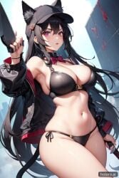 1girls 2023 ai_generated ai_hands anime_nose bikini black_hair bow bowtie cat_ear_hat cat_ears cleavage clothed_female collar female female_only holaraai light-skinned_female light_skin long_hair marie_(huesosdry) navel original purple_eyes swimsuit xd yandere