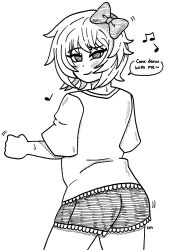 1female 1girls ass back back_view behind_view blush_lines bow butt doki_doki_literature_club english_text female girl hair_bow hairbow inky_sketchy just_sayori motion_lines musical_note sayori_(doki_doki_literature_club) shaking shaking_ass shaking_butt shorts speech_bubble text text_bubble