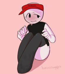 1boy black_eyes black_shirt black_thighhighs blush bottomless closed_mouth coal_(toastyloaf_) embarrassed femboy full_body hands_up hat he_is_very_silly k0rezo knees_up looking_away looking_to_the_side male_focus no_nose pink_background red_headwear roblox robloxian simple_background sitting solo sweat thighhighs toastyloaf valefar white_skin