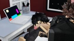 2boys 3d big_ass big_butt big_penis black_hair brown_hair cat_ears cat_tail catboy clothing femboy funkycatboys gay glasses kraxxcat male male/male male_only penis_on_face playing_videogame roblox robloxian saliva_on_penis self_upload sitting_on_chair tagme