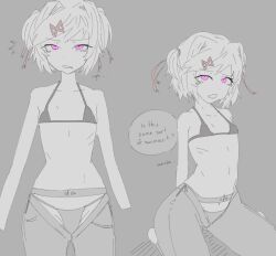 1female 1girls bare_shoulders colored_eyes doki_doki_literature_club english_text exspiravitbag hair_intakes natsuki_(doki_doki_literature_club) pink_eyes text