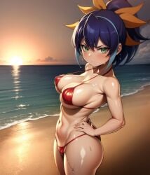 ai_generated ass beach_umbrella bikini blue_hair blush breasts celina eroeroai female green_eyes looking_at_viewer looking_back ribbon serena_(yu-gi-oh!_arc-v) serena_(yuu-gi-ou_arc-v) yu-gi-oh! yu-gi-oh!_arc-v