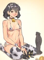 1girls bikini black_cat black_hair cat cow_girl cow_print dildo gakibaki short_hair sitting sketch skinny_female small_breasts studded_dildo wariza