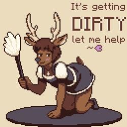 animated anthro antlers blush cleaning_tool clothing crucifix deer digital_media_(artwork) feather_duster horn inviting maid maid_uniform male male_focus male_only mammal pixel_(artwork) pixel_animation solo solo_male tail text u4e uniform