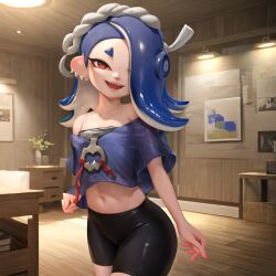 ai_generated beautiful_background blue_hair eyes_open female female_focus female_only humanoid octoling octoling_girl pussy_line red_eyes shiver_(splatoon) smile smiling smiling_at_viewer solo solo_female splatoon splatoon_(series) splatoon_3 stable_diffusion yoga_pants