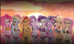 8girls applejack_(eg) aqua_eyes armpits artist_request bare_arms bare_legs bare_midriff bare_shoulders bare_thighs beach belly_button bikini bikini_bottom bikini_top black_bikini black_bikini_bottom black_bikini_top blonde_hair blue_bikini blue_bikini_bottom blue_bikini_top blue_eyes blue_eyeshadow breasts butterfly_hair_ornament cleavage diamond_hair_ornament equestria_girls eyeshadow face_freckles female female_only fluttershy_(eg) freckles friendship_is_magic green_eyes green_highlights hair_ornament hasbro looking_at_viewer magenta_eyes midriff multiple_girls my_little_pony my_little_pony_equestria_girls navel pink_bikini pink_bikini_bottom pink_bikini_top pink_eyeshadow pink_hair pink_highlights pinkie_pie_(eg) purple_bikini purple_bikini_bottom purple_bikini_top purple_eyes purple_hair rainbow_bikini rainbow_dash_(eg) rainbow_hair rarity_(eg) red_hair sci-twi starlight_glimmer_(eg) striped_bikini striped_bikini_top sun_bikini sunset sunset_shimmer underboob yellow_highlights yellow_ribbon
