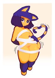 <3_eyes animal_crossing ankha ankha_(animal_crossing) anthro birdyduck blue_eyes blue_hair felid feline female hair heart hi_res looking_at_viewer mammal nintendo short_stack solo tail thick_thighs yellow_body