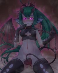 absurdres ahoge alternate_costume bare_shoulders bat_wings black_gloves blush breasts chains choker cleavage_cutout clothing_cutout convenient_censoring demon_girl demon_horns demon_tail female female_focus finana_ryugu fins gloves glowing glowing_eyes grabbing green_hair hair_between_eyes hair_tie half-closed_eyes highres horns huge_ahoge hypnotic_eyes hypnotizing_viewer long_hair looking_at_viewer medium_breasts midriff mizmillificent monster_girl naughty_face navel night nijisanji nijisanji_en no_panties no_pants partially_undressed pointing pointing_at_self ponytail pubic_tattoo purple_eyes shiny_clothes signature simple_background sitting sleeveless smile solo solo_focus steam tail tattoo teeth thighhighs v virtual_youtuber wings