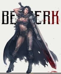 1girls armor artist_request berserk big_breasts black_hair breasts cape cleavage female female_guts female_only guts_(berserk) human large_breasts light-skinned_female light_skin long_hair rule_63 solo sword tagme