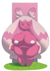 areola beady_eyes big_breasts breasts eyelashes featureless_feet female generation_9_pokemon genitals grass hi_res huge_breasts humanoid inverted_nipples looking_back navel nintendo nipples nude pink_background pink_body plant pokemon pokemon_(species) pokemon_sv purple_eyes pussy ririzael short_stack simple_background slightly_chubby solo thick_thighs tinkaton white_areola white_background white_nipples wide_hips