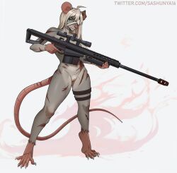 1:1 2023 5_fingers 5_toes anthro digital_media_(artwork) eyebrows feet female fingers genitals gun hair hi_res holding_object holding_ranged_weapon holding_weapon looking_at_viewer mammal pussy rodent sashunya scar solo text toes url weapon