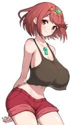 1girls booty_shorts breasts cleavage core_crystal female gonzarez huge_breasts light-skinned_female light_skin nintendo pyra red_eyes red_hair short_hair short_shorts shorts tank_top xenoblade_(series) xenoblade_chronicles_2