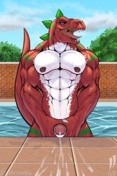 abs anthro bandai_namco bodily_fluids cum cum_on_ground day digimon digimon_(species) dinosaur genital_fluids hi_res iudicium86 male masturbation muscular nipples outside poolside reptile scalie solo swimming_pool theropod tyrannomon tyrannosaurid tyrannosaurus wet wet_body