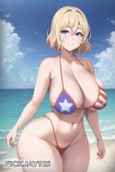 1girls ai_generated american_flag american_flag_bikini beach bikini blonde_hair blue_eyes curvy female fickjay925 huge_ass huge_breasts kanojo_okarishimasu large_breasts nanami_mami skindentation smiling voluptuous wide_hips