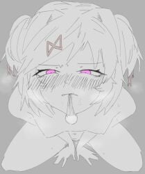 1female 1girls bare_shoulders blush_lines bodily_fluids breasts colored_eyes completely_nude completely_nude_female condom condom_in_mouth cum cum_in_condom doki_doki_literature_club exspiravitbag female female_only hair_intakes naked naked_female natsuki_(doki_doki_literature_club) nipples nude nude_female pink_eyes semen solo solo_female sweat sweatdrop