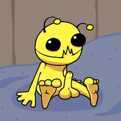 3_toes 4_fingers alien alien_hominid alien_hominid_(character) antennae_(anatomy) black_eyes feet fingers genitals male penis scary_lemon simple_background sitting solo toes yellow_body