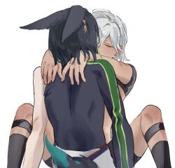 2boys animal_ears asymmetrical_sleeves black_hair blush closed_eyes cyno_(genshin_impact) dark-skinned_male dark_skin earrings fox_boy fox_ears fox_tail gay genshin_impact green_hair grey_hair hair_over_one_eye highres homo homosexual implied_kiss implied_sex jewelry male_focus male_only mismatched_sleeves multicolored_hair multiple_boys offscreen_sex oniichantoitte sex short_sleeves simple_background single_earring sitting socks spread_legs tail tighnari_(genshin_impact) white_background yaoi