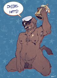 absurd_res alcohol anthro armpit_hair balls beer beer_mug beverage body_hair brown_body brown_fur canid canine canis captain's_hat captain_nikko chest_tuft clothing dawntide dialogue domestic_dog facial_hair flaccid fur genitals hat hat_only headgear headgear_only headwear headwear_only hi_res humanoid_genitalia humanoid_penis hunting_dog irish_wolfhound kneeling licking licking_lips male mammal mature_male mostly_nude nude penis ranzo_(dawntide) sighthound slightly_chubby solo speech_bubble tongue tongue_out tuft