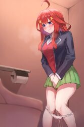 :t amog antenna_hair black_jacket blue_eyes blush embarrassed female go-toubun_no_hanayome green_skirt hair_between_eyes hair_ornament highres jacket long_hair nakano_itsuki panties panties_around_leg panty_pull peeing peeing_self red_hair school_uniform skirt tagme thighs toilet underwear white_panties you're_doing_it_wrong