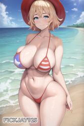 1girls ai_generated american_flag american_flag_bikini beach bikini blonde_hair blue_eyes curvy female fickjay925 huge_ass huge_breasts kanojo_okarishimasu large_breasts looking_at_viewer nanami_mami skindentation smiling sun_hat voluptuous wide_hips