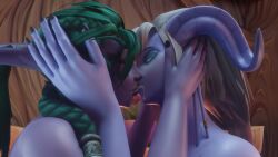 3d 3d_(artwork) blonde_hair blue_eyes blue_skin cum cum_swap draenei female ffm ffm_threesome green_hair horns kissing morilymory night_elf purple_skin threesome tyrande_whisperwind warcraft world_of_warcraft yrel