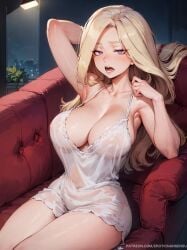 1girls ai_assisted ai_generated alternate_art_style arm_up armpits blonde_hair cleavage couch curvy erotic_nansensu female large_breasts long_hair looking_at_viewer mommy mount_lady my_hero_academia navel night nightgown patreon_username purple_eyes see-through sideboob sitting sleepy solo thick_thighs yuu_takeyama