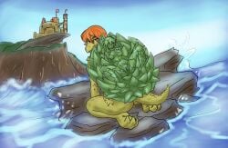 duo female glistening glistening_body hair hi_res imprisonment objectification peril petrification red_hair reptile scalie sea sea_turtle seaside serth shell spiked_shell spikes spikes_(anatomy) splash spread_legs spreading stuck tail transformation trapped turtle turtle_shell water wave