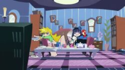 2girls animated blonde_hair implied_oral implied_sex lowres not_porn panty_&_stocking_with_garterbelt panty_anarchy purple_hair screencap shorter_than_10_seconds stocking_anarchy tagme video watching_porn watching_tv