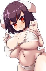 1girls :3 big_breasts bikini black_hair breasts breasts_bigger_than_head bunny_ears bunny_girl bunny_tail floppy_ears huge_breasts navel plump pulling_bra red_eyes short_hair simple_background smile solo tewi_inaba touhou white_background white_bikini xialu_zajin