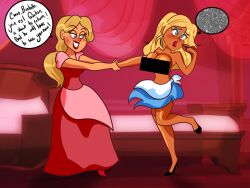 aliciadrawsbecause beauty_and_the_beast belle bimbo bimbofication blonde_hair brain_drain breast_expansion claudette_(red) disney disney_princess english_text femsub text the_bimbettes the_triplets