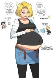 1girls android_18 belly big_belly big_breasts blonde_hair blue_eyes breasts cleavage dialogue dragon_ball dragon_ball_z earrings female female_focus krillin kuririn lewdlemage outie_navel pregnant text wardrobe_malfunction