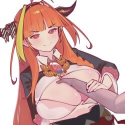 big_breasts boob_grab dismassd dragon_girl dragon_horns forcing_breast_groping groping_breasts holding_breast holoforce hololive hololive_japan kiryu_coco orange_hair seductive seductive_look smile virtual_youtuber vtuber white_background