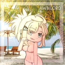 awnlord bangs beach blonde_hair blue_eyes breasts cute gacha gacha_club gacha_heat gacha_life hairclip nude_female oc ponytail pussy_out tits_out