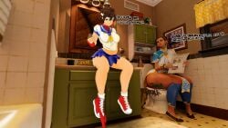 2girls 3d artist_request asian asian_female ass bathroom big_ass big_breasts black_hair breasts brown_hair chun-li collaboration dialogue fanning fanning_self female implied_scat midriff on_toilet panties panties_around_leg panties_down pants_down pleated_skirt pooping_in_sink sakura_kasugano scat shitting short_hair sitting skirt street_fighter text thick_thighs toilet toilet_use tomboy