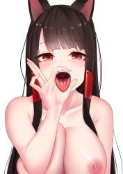 1girls akagi_(azur_lane) azur_lane blowjob_face blowjob_gesture brown_hair fellatio_face fellatio_gesture female fox_ears fox_girl gweda large_breasts light-skinned_female light_skin long_hair looking_at_viewer naked nipples open_mouth red_eyes sakura_empire_(azur_lane) solo solo_focus tagme tongue_out