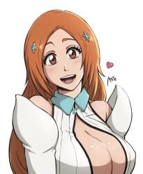 1girls bleach bleach:_the_thousand-year_blood_war cleavage_cutout inoue_orihime large_breasts mistowing orange_eyes orange_hair