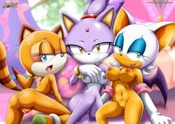 3girls bbmbbf blaze_the_cat furry marine_the_raccoon mobius_unleashed multiple_girls palcomix repost rouge_the_bat sega sonic_(series) sonic_the_hedgehog_(series) tagme