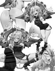 belt bondage bondage bound breasts briar_(league_of_legends) chen_zi female full_body greyscale hair_between_eyes highres league_of_legends long_hair looking_at_viewer monochrome multiple_views pointy_ears sharp_teeth sidelocks simple_background small_breasts smile teeth toeless_footwear toenails toes vampire wrist_cuffs