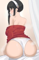 absurdres ass back bare_shoulders black_hair breasts byeon_dha closed_mouth clothes_pull curtains dress female from_behind hairband highres large_breasts lips panties red_eyes sidelocks sitting solo spy_x_family sweater sweater_dress underwear white_hairband white_panties yor_briar