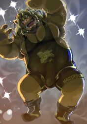 1boy 2023 absurd_res anthro biped bulge clothed clothing erection erection_under_clothing felid genital_outline hachirouta hi_res humanoid_hands kemono lion male mammal musclegut overweight overweight_male pantherine penis_outline solo_male wrestling_singlet