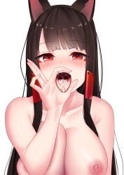 1girls akagi_(azur_lane) azur_lane brown_hair cum cum_in_mouth cum_on_tongue female fox_ears fox_girl gweda large_breasts light-skinned_female light_skin long_hair looking_at_viewer naked nipples open_mouth red_eyes sakura_empire_(azur_lane) solo solo_focus tagme tongue_out