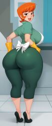 ai_generated apron dexter's_laboratory dexter's_mom earrings gloves high_heels huge_ass mommy open_mouth orange_hair shirt short_hair smile stable_diffusion warmachine0001 yoga_pants