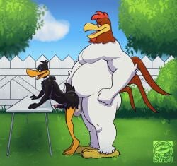 2023 2boys anal anal_sex anatid animated anseriform anthro anthro_on_anthro anthro_penetrated anthro_penetrating anthro_penetrating_anthro avian backyard belly big_belly big_dom_small_sub bird black_penis bodily_fluids chicken daffy_duck detailed_background duck duo erection foghorn_leghorn from_behind_position furniture galliform gallus_(genus) gay gay_sex genital_fluids genitals gif grass hi_res humanoid_genitalia humanoid_penis looney_tunes male male/male male_penetrated male_penetrating male_penetrating_male on_table outside outside_sex overweight_male penetration penile penile_penetration penis penis_in_ass phasianid plant precum sex size_difference standing standing_sex streif table the_looney_tunes_show warner_brothers white_penis