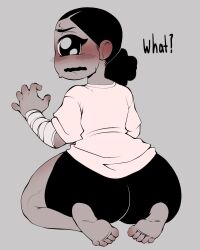 5hitzzzu ass bandage bandages big_ass big_butt big_thighs black_hair black_legwear black_shorts blush boombita bubble_ass bubble_butt clothed clothing ear_blush feet feet_blush female funcu funculicious grey_body greyscale huge_thighs meatcuteshii mommy_niko original original_character pinkbobatoo scared scared_expression simple_background skiddioop solo stereodaddy sweatdrop text thick_thighs thighs white_shirt worried worried_expression