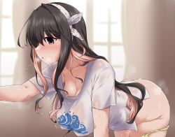 =3 alternate_costume ass black_hair blush breasts breath casual cleavage clothes_writing collarbone cum cum_on_ass eyebrows_visible_through_hair female hairband highres huge_breasts indoors kantai_collection long_hair looking_to_the_side multicolored_hair naganami_(kantai_collection) no_bra open_mouth panty_pull pink_hair ribbon see-through shirt short_sleeves solo sweat t-shirt thick_thighs two-tone_hair wavy_hair wet white_hairband white_shirt yellow_eyes yoshi_tama